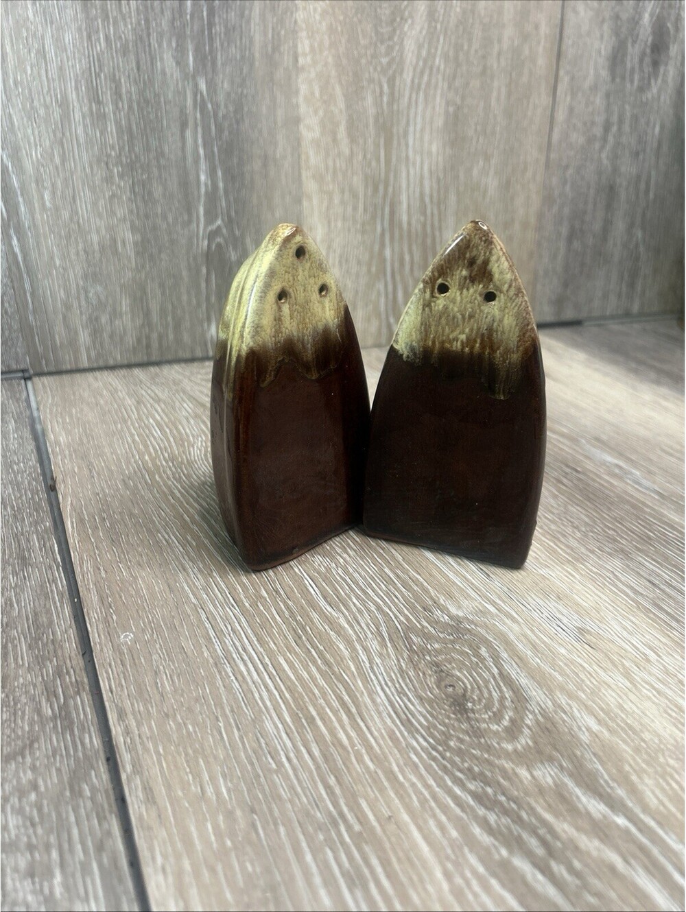 Vintage Ceramic Salt & Pepper Shakers Flat Iron Brown Drip Glaze Pottery Retro